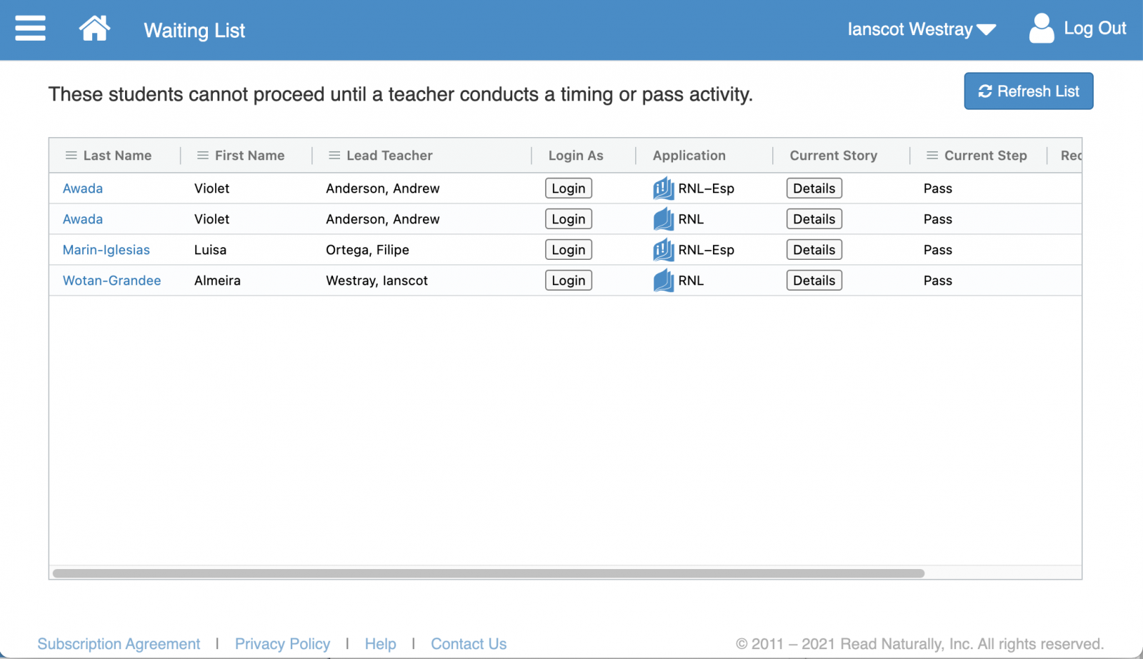 Waiting List page