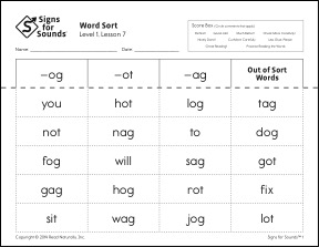 An example of the Signs for Sounds printable word sorts