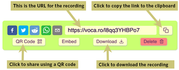 Vocaroo options for sharing a recording