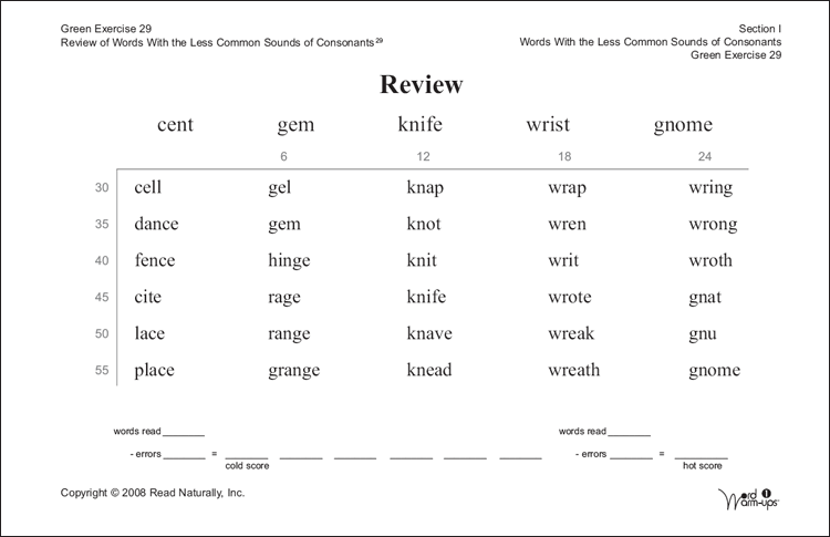 Knowledgebase :: Word Warm-ups 1 example: Green exercise 29 — Review ::  Read Naturally, Inc.